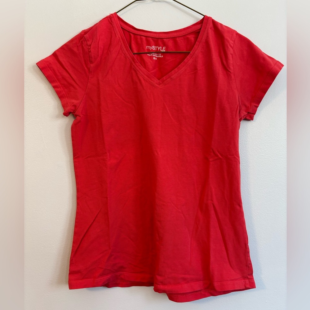 My Style Pink Red Cotton Short Sleeve V-neck T-shirt Size Small S/P